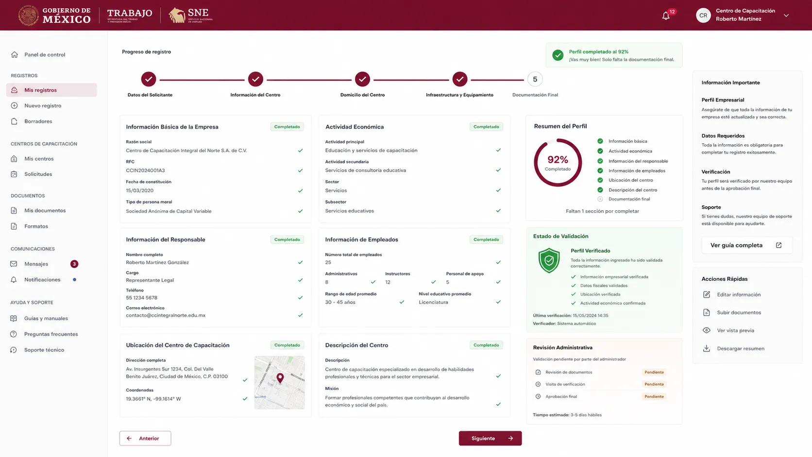 Información completa del centro de trabajo